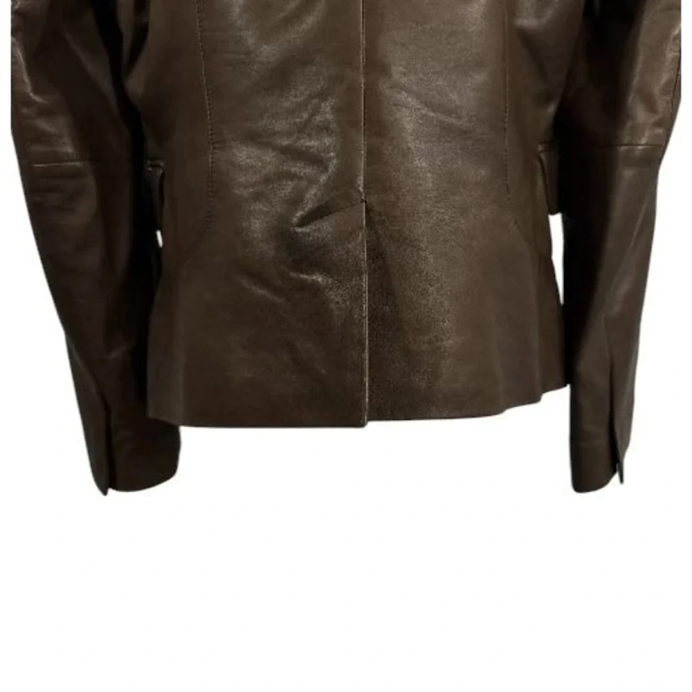 Tahari Leather‎ Blazer Jacket Womens Size L Brown Button Up Long Sleeve Career